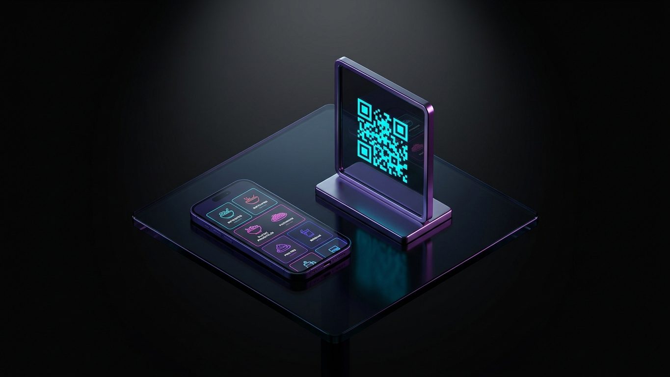 Mesa de restaurante con un soporte de codigo QR iluminado y un telefono mostrando la carta