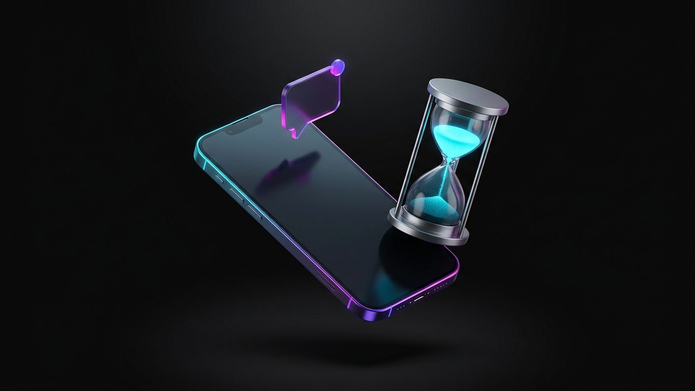Telefono con un mensaje sin responder junto a un reloj de arena cuyos granos de luz se apagan