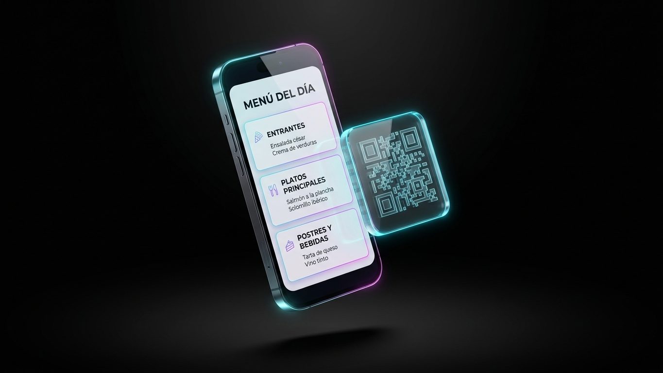 Menú digital de restaurante en un teléfono junto a un código QR